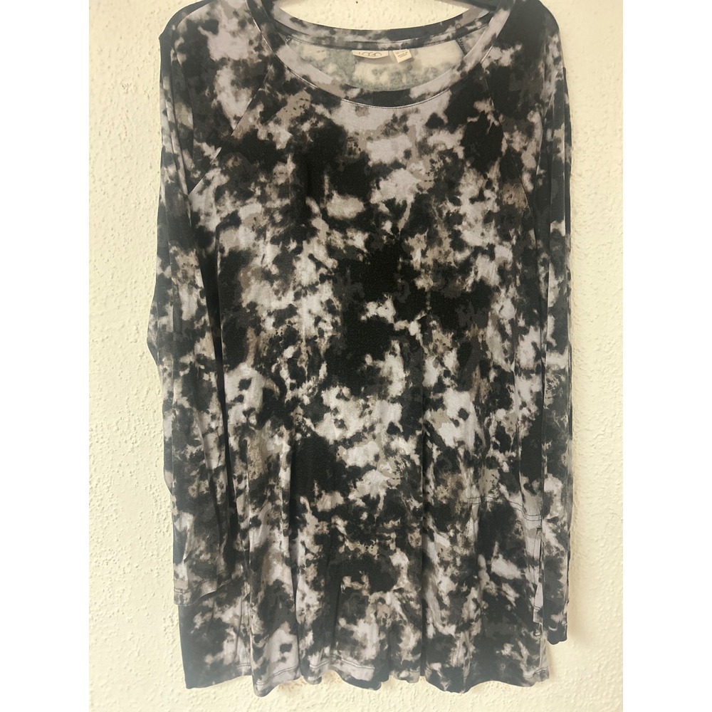 LOGO Lori Goldstein Black Gray Tie Dye Long Sleeve Tunic Top Pockets 1X